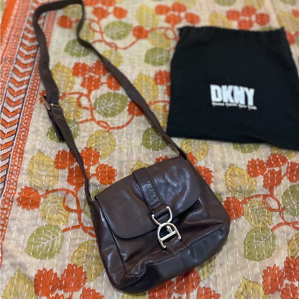 DKNY Brown Soft Leather Crossbody Purse with Silver Closure with Duster Bag